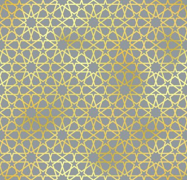 Altın otantik Arap tarzı, pürüzsüz desen. Gri arkaplanda altın İslami süs, parlak geleneksel Müslüman dokusu.