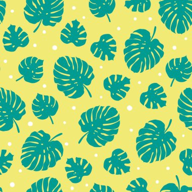 Canavar palmiye yaprağının dikişsiz deseni. Kumaş, yaz dekorasyonu, ambalaj kağıdı için sarı vektör yaprakları.