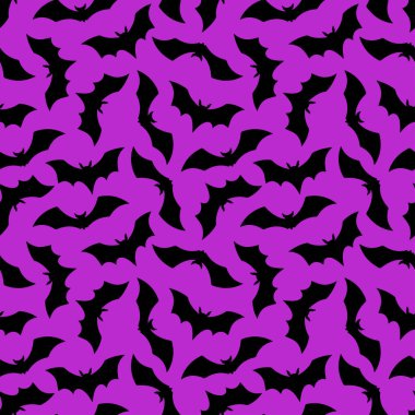 Cadılar Bayramı Yarasası düz ve pürüzsüz. Menekşe arka planında uçan siyah yarasa silueti olan Mutlu Cadılar Bayramı baskısı. Paketleme, kumaş, tatil dekorasyonu, tekstil, duvar kağıtları için.