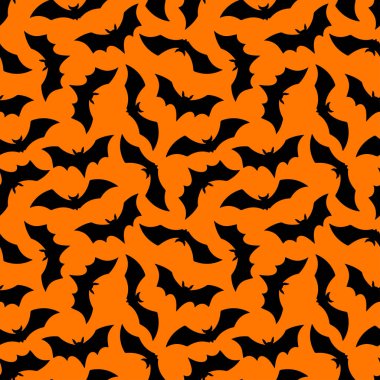 Cadılar Bayramı Yarasası düz ve pürüzsüz. Turuncu arka planda uçan siyah yarasa silueti olan Mutlu Cadılar Bayramı baskısı. Paketleme, kumaş, tatil dekorasyonu, tekstil, duvar kağıtları için.