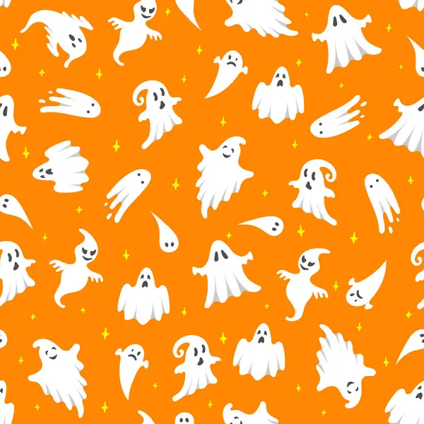 Vector Halloween Ghost Seamless Pattern Cute White Flying Ghosts Orange — Stock Vector