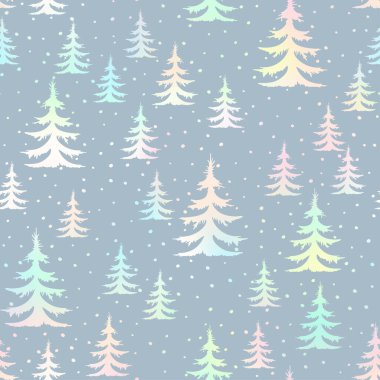 Holografik kış ormanı İskandinav dikişsiz deseni. Vektör folyo yeni yıl baskısı, Noel ağacı arkaplanı, donmuş ladin gri desenli köknar ağacı kağıt, kumaş, sezon dekoru, hediye paketi.