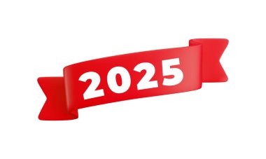 Vektör karikatürü 3d kırmızı katlanır köşegen kurdele ile 2025 numara, mezuniyet tasarımı için gerçekçi 3d tasarım unsuru, yıllık, yeni yıl tebrik kartı, Noel tasarımı.