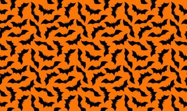 Cadılar Bayramı Bat düz desenli yatay arka plan. Turuncu arka planda uçan siyah yarasa silueti olan Mutlu Cadılar Bayramı baskısı. Paketleme, kumaş, tatil dekorasyonu, tekstil, duvar kağıtları için..