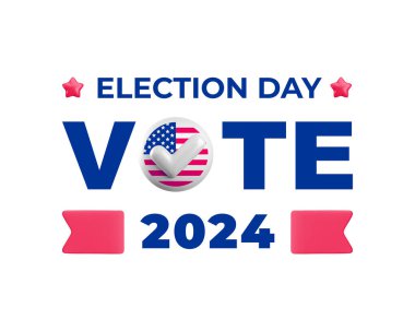 ABD Seçim Günü tabelası. Beyaz arkaplanda 2024 sembolü izole edildi. Gerçekçi vektör 3d oylama rozeti ve Amerikan bayrağı. ABD 2024 siyasi başkanlık seçim kampanyası pin 3 boyutlu kavramı.