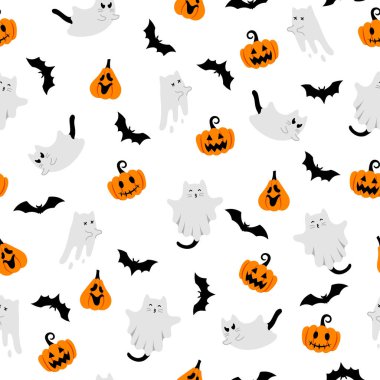 Beyaz arka planda hayalet kediler, yarasalar, balkabakları olan şirin bir cadılar bayramı deseni. Cadılar Bayramı karakterleri, çizgi film kedileri ruhu. Kumaş dokusu, selamlama, ambalaj kağıdı için Kawaii hayalet baskısı