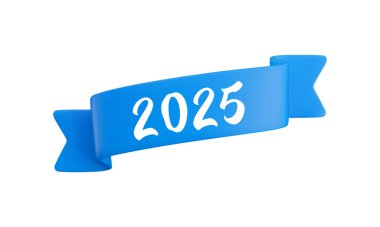 Vektör karikatür 3d mavi katlanır köşegen kurdele numarası 2025, mezuniyet tasarımı için gerçekçi 3D tasarım unsuru, yıllık, yeni yıl tebrik kartı, Noel tasarımı.