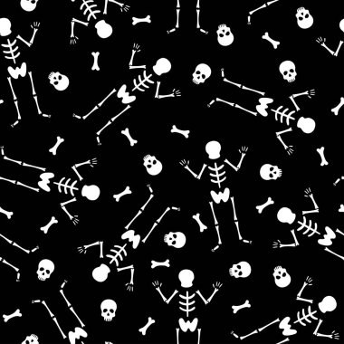 Basit, pürüzsüz iskelet deseni. Vektör Cadılar Bayramı dans eden iskeletler, kafatası ve kemiklerle siyah arka planı tekrarlıyor. Kumaş dokusu için komik baskı, Ölü Dekor Günü, Duvar kağıdı, ambalaj, fon.