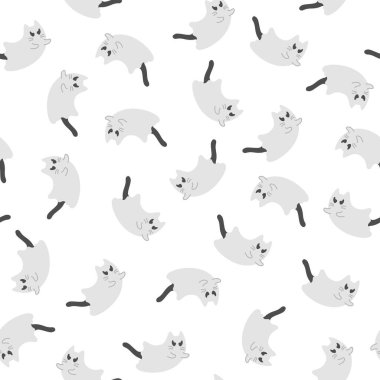 Beyaz arka planda hayalet kedilerin olduğu şirin bir cadılar bayramı deseni. Cadılar Bayramı karakterleri, çizgi film kedileri ruhu. Kumaş dokusu, ambalaj kağıdı, tebrik kartı için Kawaii hayalet baskısı.