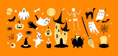 Düz vektör Cadılar Bayramı elementleri. Şirin hayalet kedi, balkabağı, yarasa, kafatası, örümcek, mezar, kazan, turuncu arka planda kale. Dekor, baskı, çıkartma kiti, poster için el çizimi koleksiyonu.