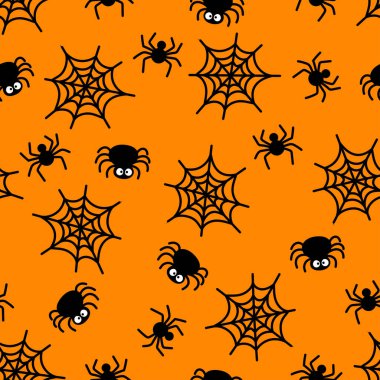 Tatlı cadılar bayramı örümceği kusursuz desen. Turuncu arka planda siyah örümcekler ve örümcek ağı. Cadılar Bayramı dekorasyonu, duvar kağıdı, tekstil, ambalaj, kumaş için ürkütücü baskı.