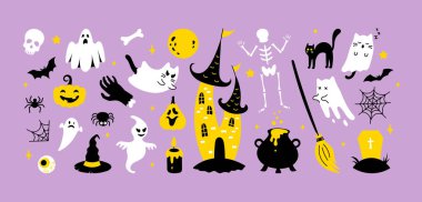 Düz vektör Cadılar Bayramı elementleri. Şirin siyah, beyaz ve sarı hayalet kedi, balkabağı, yarasa, kafatası, örümcek, mezar, kazan, mor arka planda kale. El çizimi etiket koleksiyonu.