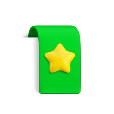 Altın yıldızlı Vektör Gerçekçi 3d Yeşil Yer imi. Favori simge tasarım unsuru, beyaz gölgeli kurdele e-kitap etiketi. Çizgi film 3d dikey kurdele etiketi, bant, yer imlerine ekle.