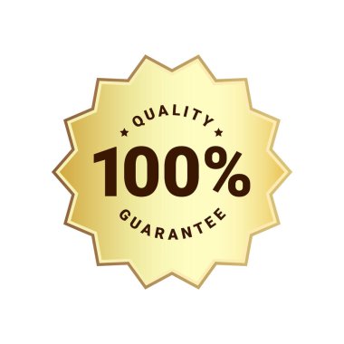 Kaliteli ürün etiketi madalyası. Yuvarlak yıldız patlaması kalite garanti işareti. % 100 sembollü ve yıldızlı altın rozet ikonu. Etiket, logo ve sertifika için vektör illüstrasyonu.