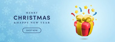 Vektör Çizgi Filmi 3d Mutlu Noeller yatay afişi, şenlikli kırmızı hediye kutusu, selamlar, mavi desenli arka planda kar taneleri olan düğme dükkanı. 3D sevimli hediye, altın yay, konfeti, yıldızlar