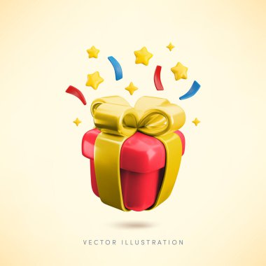 Vektör Karikatür 3D şenlik kırmızı hediye kutusu afişi. Altın yaylı, yıldızlı ve konfeti patlamalı şirin gerçekçi bir hediye. Satılık 3D resim, doğum günü kutlaması, Noel konsepti.