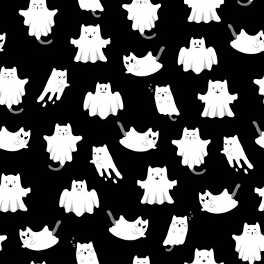 Siyah arka planda yıldız ve hayalet kedilerin olduğu şirin bir cadılar bayramı deseni. Cadılar Bayramı karakterleri, çizgi film kedileri ruhu. Kumaş dokusu, ambalaj kağıdı, tebrik kartı için Kawaii hayalet baskısı.
