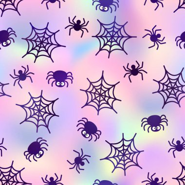 Tatlı cadılar bayramı örümceği neon gökkuşağı pürüzsüz deseni. Holografik gradyan arka planda vektör mor örümcekler ve örümcek ağı. Cadılar Bayramı dekorasyonu, duvar kâğıdı, ambalaj için ürkütücü yanardöner baskı.