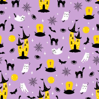 Cadılar Bayramı hayalet şatosu kusursuz desen. Vektör çizgi film hayaleti, kasvetli karanlık kale, kara kedi, yarasa, dolunay, mezar ve mor arka planda örümcek ağı. Paket, kumaş, dekor için şirin Cadılar Bayramı baskısı