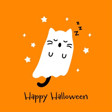 Tatlı Mutlu Cadılar Bayramı baskısı ve turuncu arka planda uyuyan beyaz hayalet kedi. Vector uçan Cadılar Bayramı karakteri, Kawaii çizgi film kedisi ruh çizimi.