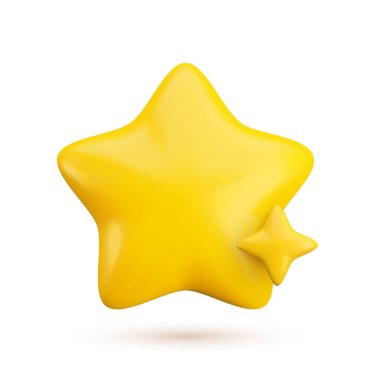 Beyaz arka planda gölgesi olan 3D altın yıldızlı vektör. Müşteri değerlendirme konsepti, xmas dekoru, oyun, uygulama, çıkartma için ışıltılı sarı yıldız illüstrasyonunun sevimli gerçekçi 3D çizimi.