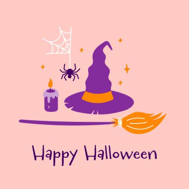 Tatlı Mutlu Cadılar Bayramı cadı baskısı. Pembe arka planda vektör cadı şapkası, örümcek ve mum. Bayrak, kartpostal, internet için Cadılar Bayramı illüstrasyonu