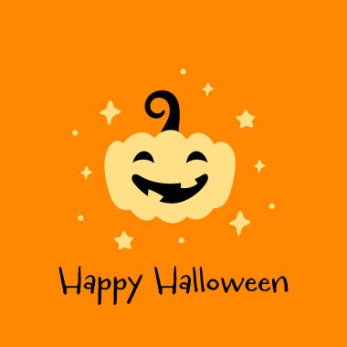 Tatlı Vektör Mutlu Cadılar Bayramı baskısı, balkabağı ve turuncu arka planda yıldızlar. Bayrak, kartpostal, internet için Cadılar Bayramı illüstrasyonu