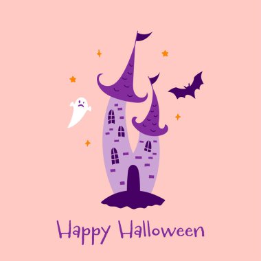 Pembe arka planda mor hayalet şatosu olan şirin Mutlu Cadılar Bayramı baskısı. Vektör karikatür hayaleti, kasvetli karanlık kale ve bayrak, kartpostal, tişört baskısı için yarasa illüstrasyonu
