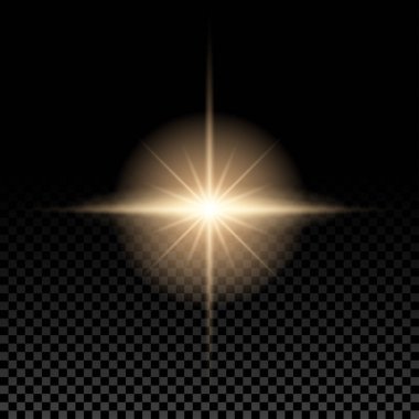 Şeffaf güneş ışığı özel efekti. Vektör mercek ışığı, sarı güneş ışınları yanıp sönüyor, sıcak yıldız patlaması, parlak güneş arka planda parlıyor..