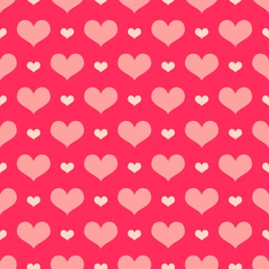 Sevimli pembe kalp pürüzsüz desen. Kırmızı arka planda pembe renkte vektör aşk kalpleri. Sevgililer Günü baskısı, baskılar için modaya uygun soyut tasarım, ambalaj kağıdı, duvar kağıdı, arka plan.