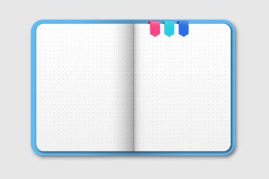 Gerçekçi açık mavi defter gri arka planda izole edilmiş. Üst Manzara Köstebek Derisi. Noktalı kağıtlar ve renkli yer imleriyle dolu bir defter. Vektör illüstrasyonu.