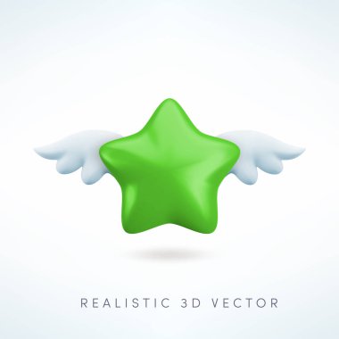 Kanat simgesi olan vektör 3 boyutlu yeşil yıldız. Beyaz arkaplanda sevimli gerçekçi bir çizgi film yıldızı 3d çizimi, müşteri değerlendirme konsepti, dekorasyon, web, oyun tasarımı, uygulama için parlak zümrüt yıldız illüstrasyonu.