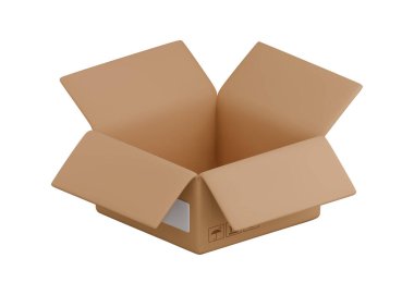 Vektör karikatür 3D karton kutu simgesini açtı. Beyaz arkaplanda izole edilmiş şirin gerçekçi boş paket. Bilgi, dağıtım uygulaması, şablon için kargo paketleme sembolleri içeren 3D karton kutu.