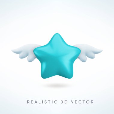 Kanat ikonlu 3d mavi yıldız. Beyaz arkaplanda sevimli gerçekçi bir çizgi film yıldızı 3d görüntüsü, müşteri değerlendirme konsepti için parlak turkuaz yıldız illüstrasyonu, dekorasyon, web, oyun tasarımı, uygulama.
