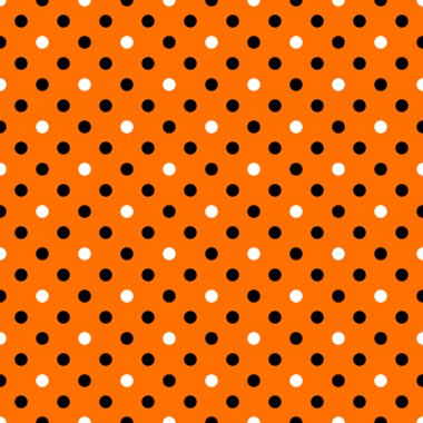 Basit bir Cadılar Bayramı şablonu. Siyah, beyaz ve turuncu noktalı arka plan. Dekor, kumaş, tasarım ve paketleme için Geometrik Cadılar Bayramı dokusu.