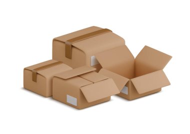 Vektör karikatür 3d kutuları yığın illüstrasyonu. Beyaz üzerine gölge konmuş, açılmış ve kapatılmış karton paketler. Gerçekçi 3D ambalaj, depolama, yer değiştirme, ulaşım kavramı.