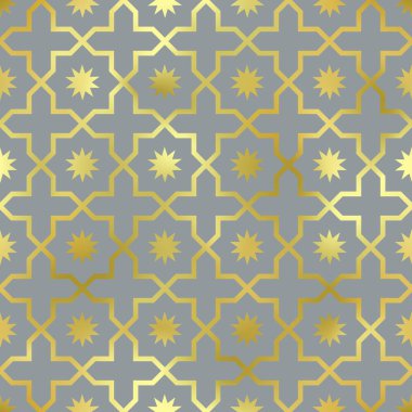 Oriental stil kusursuz desen. Gri arkaplanda vektör altın folyo süsü. Arkaplan, duvar kağıtları, tekstil desenleri, dekorasyon için İslami geleneksel doku