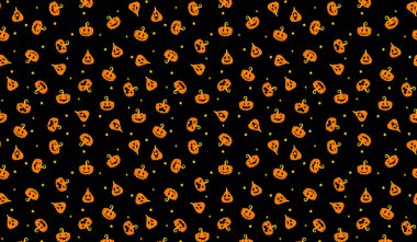 Tatlı Cadılar Bayramı balkabağı desenli yatay arka plan. Turuncu gülümseyen ürkütücü balkabakları ve siyah üzerine yıldızlar olan Cadılar Bayramı baskısı. Mutlu Cadılar Bayramı baskıları, kapak, dekor, duvar kağıdı.