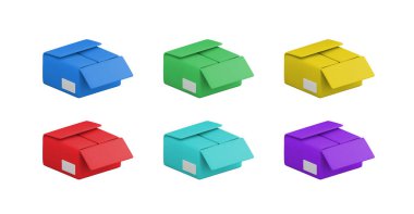 Vektör karikatür 3d renkli açılmış karton kutu seti. Beyaz arka planda sevimli kırmızı, mavi, yeşil, sarı ve mor paket. Bilgi, şablon, uygulama için 3d karton kutu koleksiyonu.