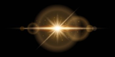 Şeffaf güneş ışığı özel efekti. Vektör mercek parıldar, güneş ışınları parıldar, yıldız parıldar, parlak güneş siyah arka planda parıldayan yıldızlarla parıldar.