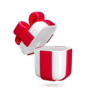 Vektör karikatür 3D hediye kutusunu açtı. Kırmızı kurdeleli ve beyaz fiyonklu şirin, gerçekçi, boş bir tatil hediyesi. Sevgililer Günü, Anneler Günü, Noel için en az 3D sürpriz çizim.