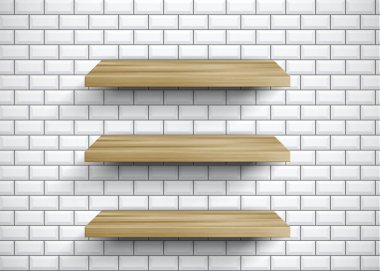 Vektör gerçekçi olarak boş 3 tahta raf modeli. Beyaz seramik seramik seramik duvar zemininde 3 boyutlu ahşap raf manzarası. Ürün ekran sahne şablonu. Tasarım için 3D iç mekan, özet asgari sahne, modelle