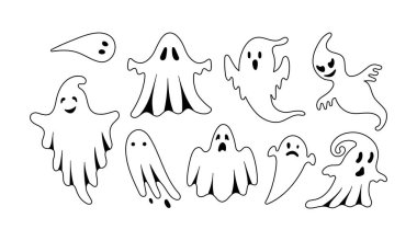 Şirin Cadılar Bayramı Hayaletleri seti. El çizimi ürkütücü uçan ruhlar koleksiyonu. Beyaz arka planda izole edilmiş komik bir hayalet. Cadılar Bayramı 'ndaki basit cadılar bayramı karakterleri. Ürkütücü Cadılar Bayramı partisi kostümü.