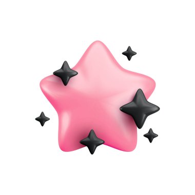 Beyaz arka planda siyah parıltıları olan 3 boyutlu pembe yıldız. Derecelendirme konsepti, bebek dekoru, oyun, uygulama, Cadılar Bayramı çıkartması için ışıltılı renkli yıldız illüstrasyonunun sevimli gerçekçi 3D çizimi.