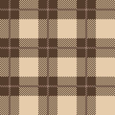 Kahverengi ekoseli, pürüzsüz kumaş. Vektör Tartan sonbahar bej ekose desenli arka plan. Geleneksel kış kumaşı baskısı. Moda, baskı, tasarım, dekor için kareli ekose dokusu.