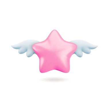 Kanatlı 3D pembe yıldız vektörü. Beyaz arkaplanda sevimli gerçekçi bir çizgi film yıldızı 3d görüntüsü, müşteri derecelendirme konsepti, dekorasyon, oyun tasarımı, uygulama için parlak yumuşak renk çizimi.