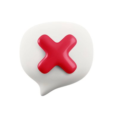 Vektör karikatür minimum 3d beyaz konuşma balonu ve kırmızı çarpı x simgesi. Gerçekçi render silme işareti, onaylanmamış sembol, sohbet mesajı hata tuşu, yasaklanmış metin sembolü, sosyal medya başarısız yorum