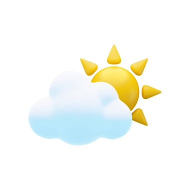 Vektör karikatür 3 boyutlu güneş ve bulut simgesi. Şirin 3D Render parçalı bulutlu gün konsepti, güneşli meteorolojik işaret. Tasarım, ağ, oyun, hava durumu uygulaması için beyaz zemin üzerinde yumuşak beyaz bulutların arkasında güneş