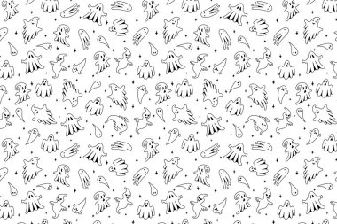 Vector Halloween hayalet desenli yatay arka plan. Yıldızlı duvar kağıdıyla uçan hayaletler. Ambalaj kağıdı, selamlama tasarımı, tatil dekorasyonu için ürkütücü çizgi film karakteri çizimi.