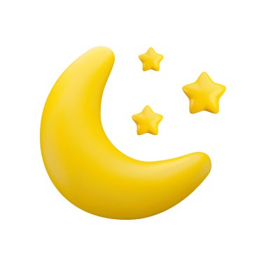 Vektör karikatür 3 boyutlu hilal simgesi. Beyaz arka planda izole edilmiş yıldızlarla parıltılı sarı yarım ayın sevimli 3D görüntüsü. Tasarım, oyun, hava durumu uygulaması, web için gerçekçi hava durumu çizimi